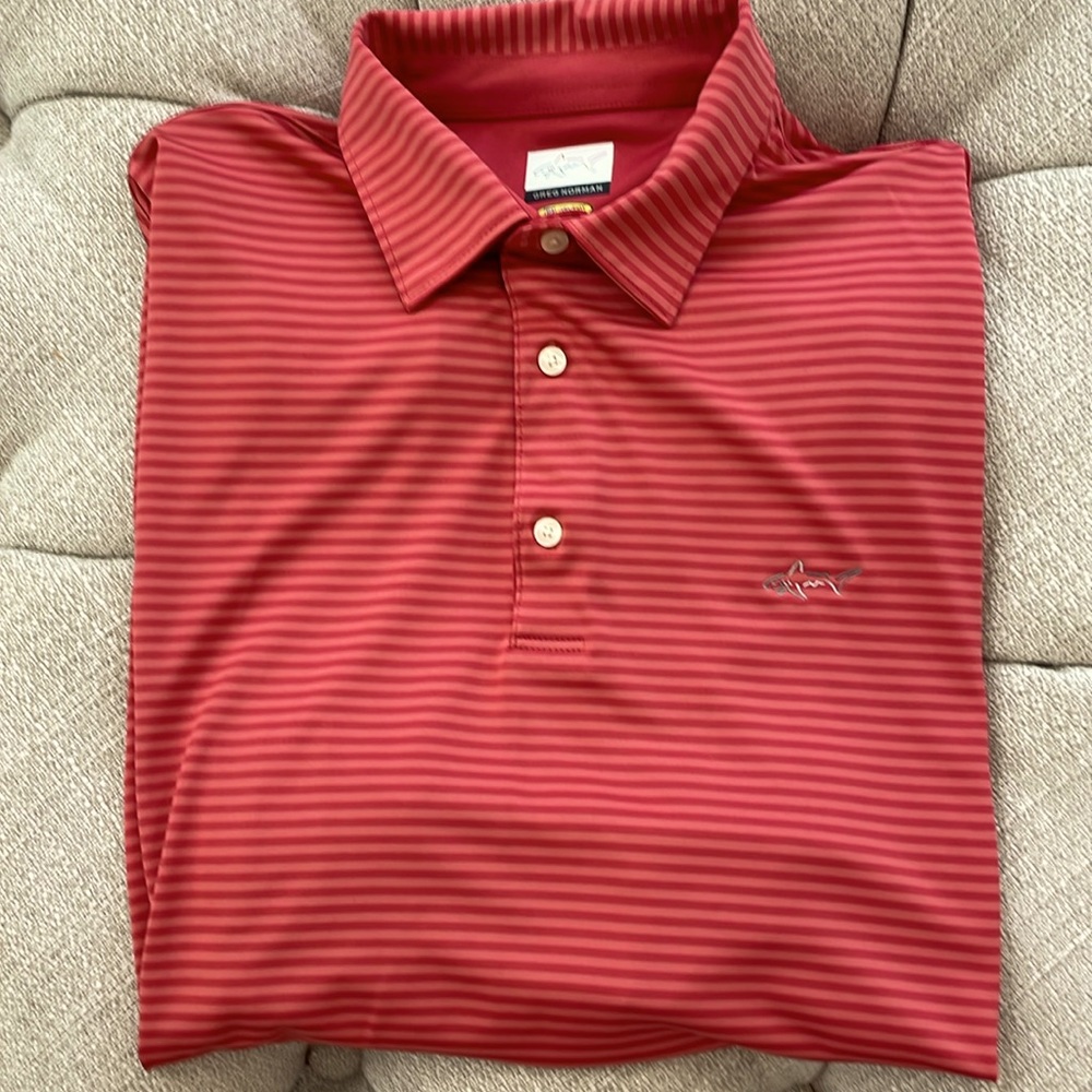 Greg Norman mens large striped polo with play Dry technology.